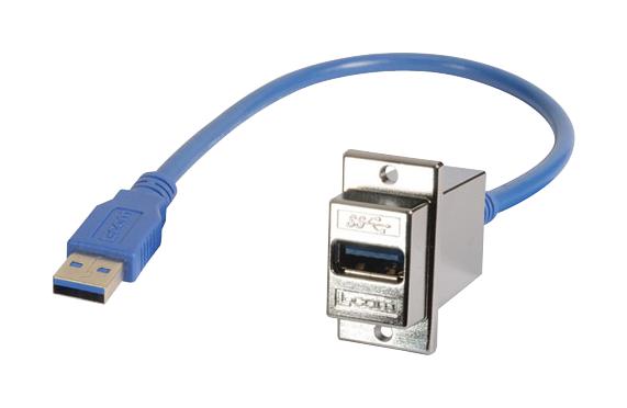 L-COM ECF504-30-03AAS USB Cable, Bulkhead Adapter, Type A Plug to Type A Receptacle, 300 mm, 11.8 ", USB 3.0, Blue