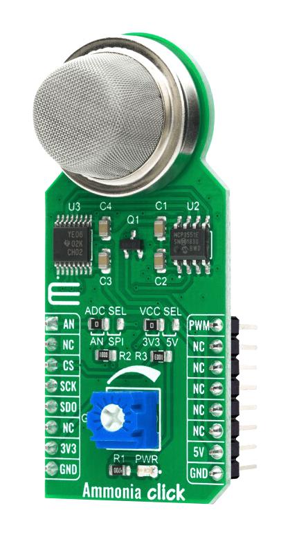 MIKROELEKTRONIKA MIKROE-4151 Click Board, Ammonia Click, Gas, MQ-137, Analog, GPIO, SPI, mikroBUS, 3.3 V/5V, 57.15 mm x 25.4 mm