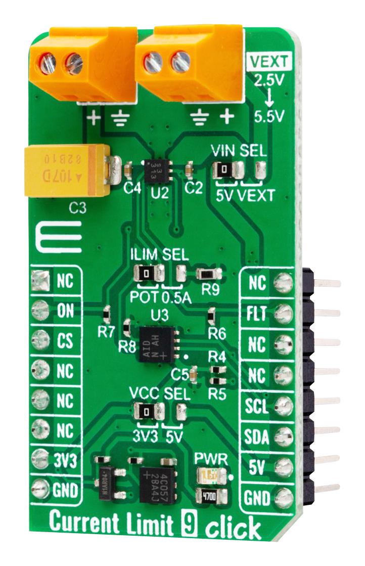 MIKROELEKTRONIKA MIKROE-5937 Add-On Board, Current Limit 9 Click, MikroE mikroBUS Compatible Development Boards