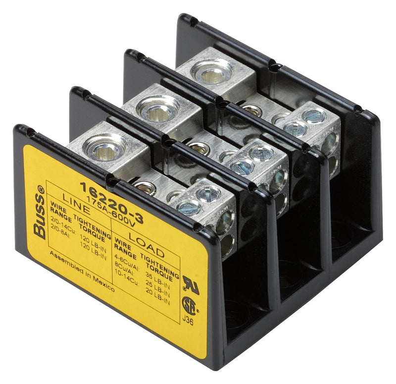 EATON BUSSMANN 16220-3 POWER DISTRIBUTION BLOCK, 3P, 600V, 175A