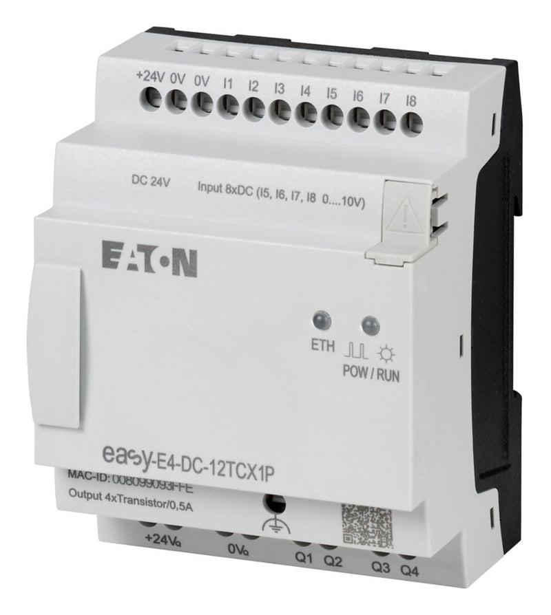 EATON MOELLER EASY-E4-DC-12TCX1P Control Relay, 8 Input / 4 Output Digital, 4 Input Analog, 20.4 to 28.8 VDC, IP20, easyE4 Series