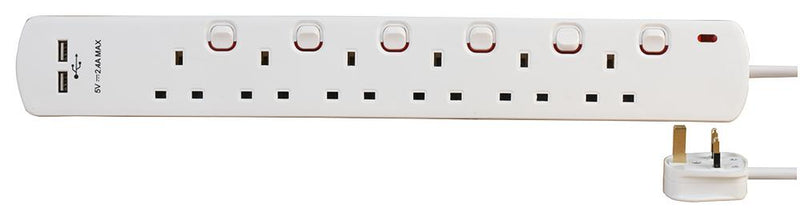 PRO ELEC 8618SU Extension Lead, 6 Outlets, UK, 13 A, 240 V, UK Type G, 2 m