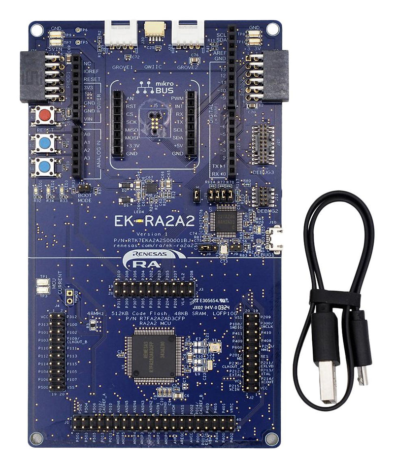 RENESAS RTK7EKA2A2S00001BJ Evaluation Kit, R7FA2A2AD3CFP, RA Family, ARM Cortex-M23, 32bit, Micro USB Device Cable