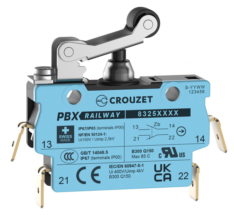 CROUZET 83250213 Microswitch, IP67, Standard, Roller Lever, SPDT-DB, Quick Connect, Right Angle, 2 A