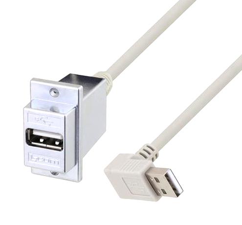 L-COM U2A00007-12I USB Cable, Bulkhead Adapter, Type A Receptacle to 90&deg; Type A Plug, 304.8 mm, 12 ", USB 2.0