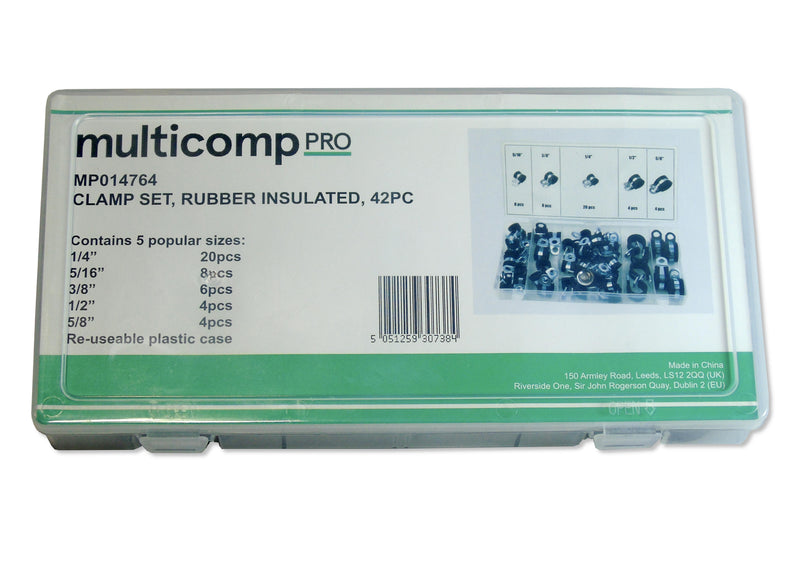 MULTICOMP PRO MP014764 Rubber Insulated Clamp, 42 Pieces of 1/4", 5/16", 3/8", 1/2", 5/8" Clamp Assortment