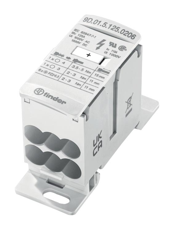 FINDER 9D.01.5.125.0206 Panel Mount Barrier Terminal Block, 125 A, 1.5 kV, 2, Screw, 2 AWG