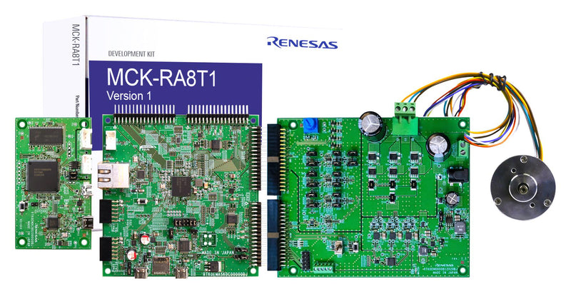 RENESAS RTK0EMA5K0S00020BJ Motor Control Kit, R7FA8T1AHECBD, BLDC Motor, Inverter Board, CPU Board, Communication Board