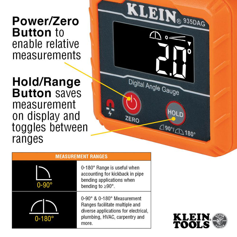 KLEIN TOOLS 935DAG Digital Angle Gauge and Level, ABS, IP42, 60 mm OAL