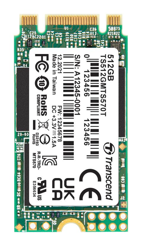 TRANSCEND TS512GMTS570T SSD, Internal, M.2 2242, SATA 6 Gb/s (SATA III), 512 GB, 3D NAND