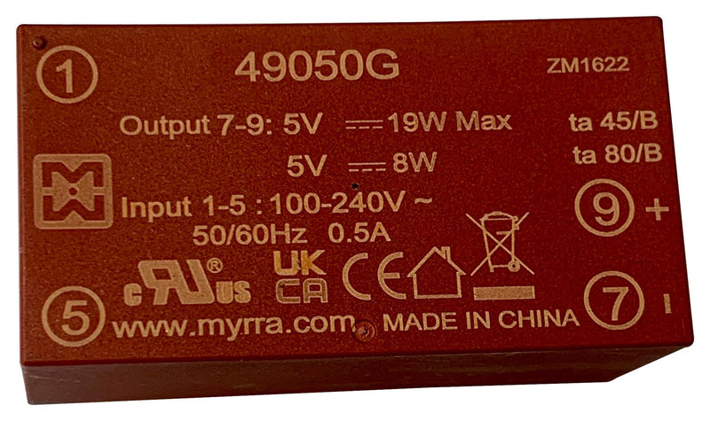 MYRRA 49050G AC/DC PCB Mount Power Supply (PSU), ITE & Household, 1 Output, 20 W, 5 VDC, 4 A