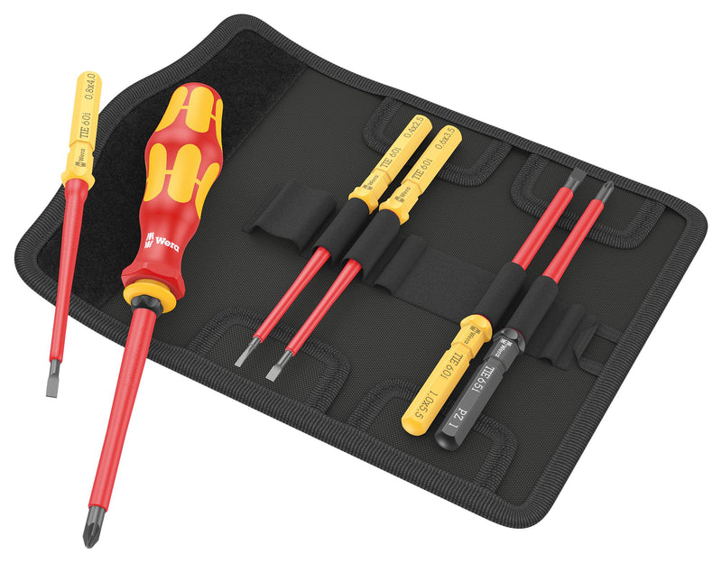 WERA K K VDE 7 UNIVERSAL 2 TIE Screwdriver Set, VDE, Pozidriv/Slotted/Hook and Loop Fastener Strip, Interchangeable Blade, 7 Piece