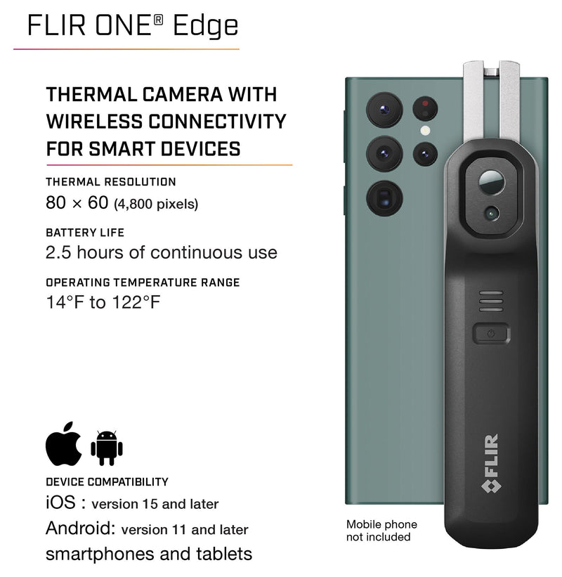 FLIR FLIR ONE&reg; EDGE Thermal Imager, -20 &deg;C, 400 &deg;C, 160 x 120, 0.07 K, 54&deg; x 42&deg;, 30 cm