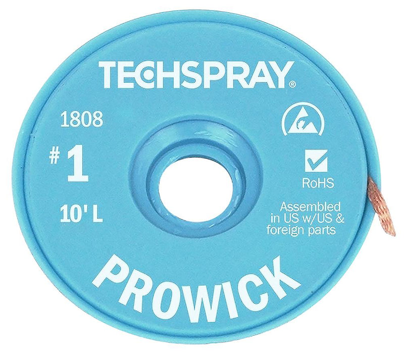 Techspray 1808-10F 1808-10F Desoldering Braid 10 ft x 0.9 mm Flux Coated Copper Pro-Wick