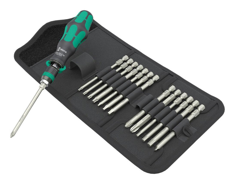 WERA 05051066001 Screwdriver Set, Bit holding/Phillips/Torx/Hex/Slotted/Square Bits/Fastener Strip, 15 Pieces