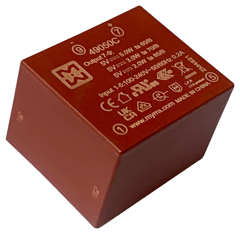 MYRRA 49050C AC/DC PCB Mount Power Supply (PSU), ITE & Household, 1 Output, 5 W, 5 VDC, 1 A