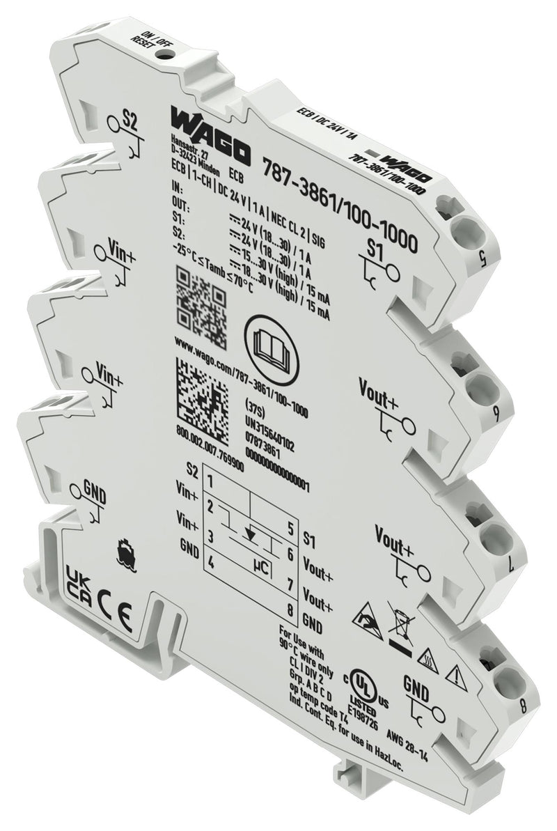 WAGO 787-3861/100-1000 Electronic Circuit Breaker, 787 Series, 1 Pole, 24 VDC, DIN Rail, 1 A