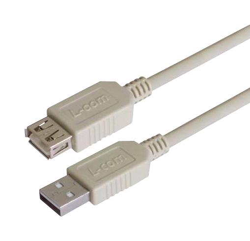 L-COM CSMUAX-05M USB Cable, Type A Plug to Type A Receptacle, 500 mm, 19.7 ft, USB 2.0, Light Grey