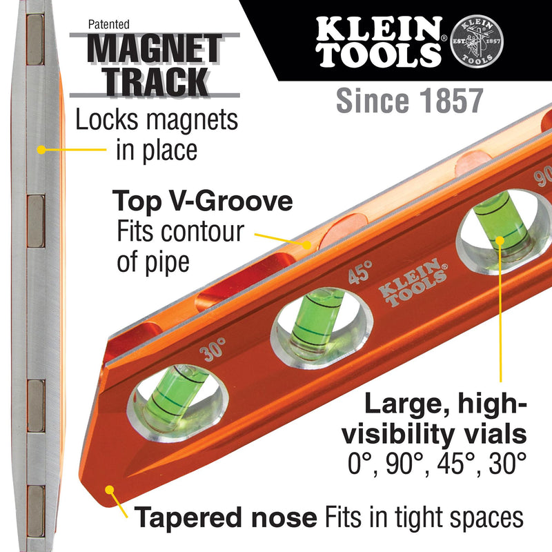 KLEIN TOOLS 935AB4V Spirit Level, Aluminium, 4 Vial, 159 mm OAL, ACCU-BEND Series