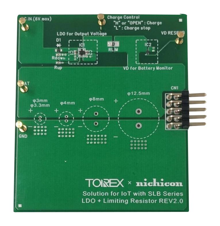 TOREX NICHICON-SLB_SERIES-EVB-01 Evaluation Board, Nichicon SLB Series, XC6240A263NR-G, XC6140C18A9R-G, Battery Charger/Monitor