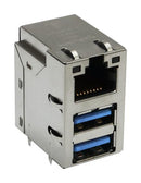 TRP CONNECTOR/BEL 2250208-1 Modular Connector, RJ45 Jack with USB, 3 x 1 (Stacked), 8P8C, Through Hole Mount