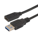 L-COM CAU31CFA-03M USB Cable, Type A Plug to Type C Receptacle, 300 mm, 11.8 ft, USB 3.0, Black