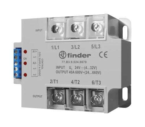 FINDER 77.F3.8.230.8671 Solid State Relay, Hockey Puck Style, 3PST-NO, 80 A, 660 VAC, Panel Mount, Screw, Random Turn On