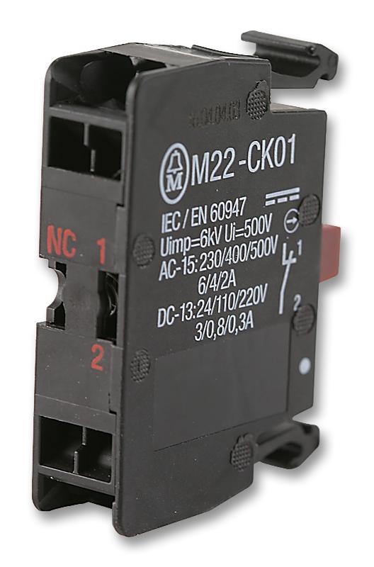 EATON MOELLER M22-CK10 Contact Block, Flush,  1NO, 6 A, 500 V, 1 Pole, Cage Clamp
