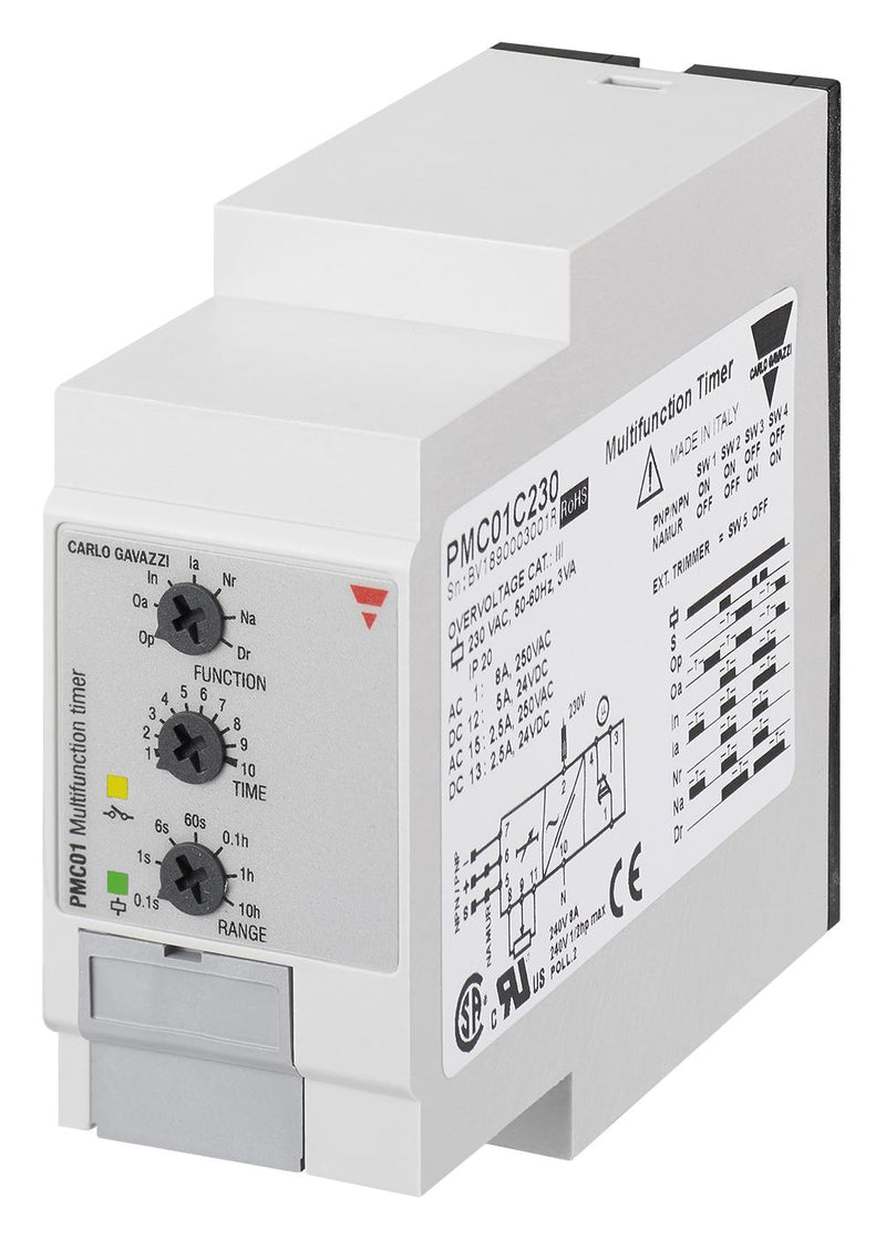 CARLO GAVAZZI PMC01D024 Analogue Timer, PMC01 Series, Multifunction, 7 Ranges, 0.1 s, 100 h, 2 x SPDT