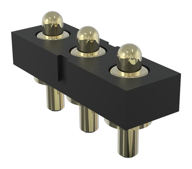MULTICOMP PRO MP015217 Spring Loaded Connector, Pogo Pin Header, 2.54 mm, 1 Row, 3 Contacts, Through Hole Mount, Brass