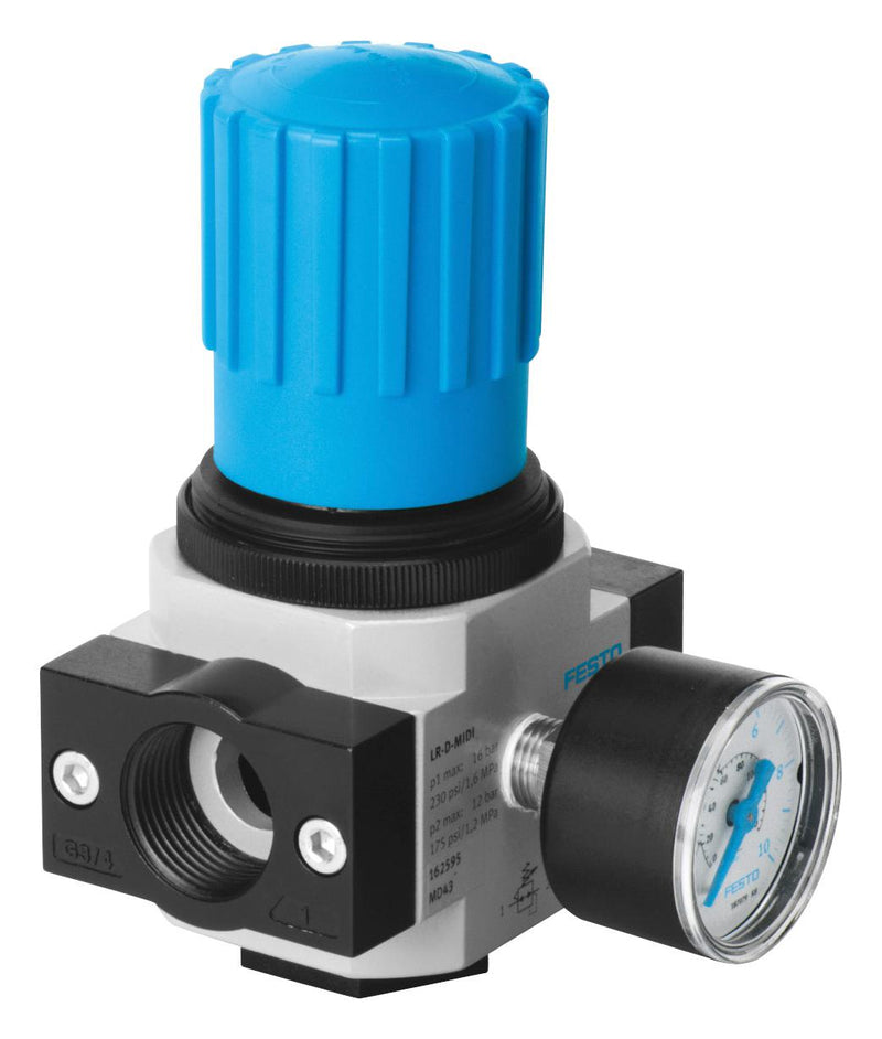 FESTO 186453 Pressure Regulator, G1/4, 2200 l/min, 0 to 16 bar, 0.5 to 7 bar Regulation, -10&deg;C to 60&deg;C, D Series LR-1/4-D-7-MIDI pressure regulator