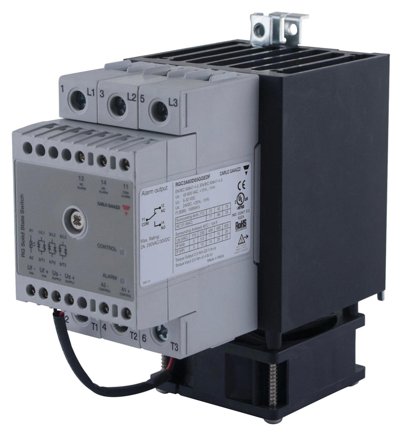 CARLO GAVAZZI RGC2A60D75GGEDF Solid State Contactor, w/Integrated Fan, 2P+1P, 75 A, 660 VAC, 32 VDC, Zero Crossing, DIN Rail