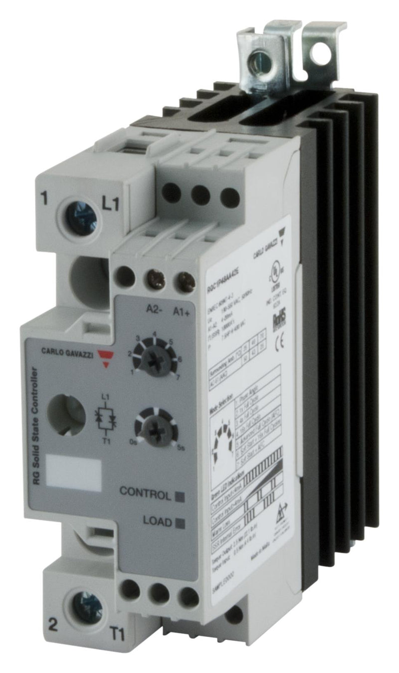 CARLO GAVAZZI RGC1P23AA42E Solid State Contactor, 43 A, 265 VAC, Proportional Output, DIN Rail, Panel, Screw