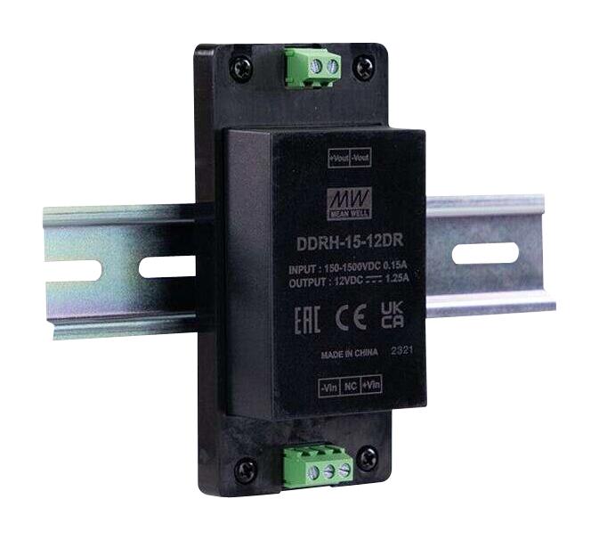 MEAN WELL DDRH-15-15DR Isolated DIN Rail Mount DC/DC Converter, ITE & Industrial, 10:1, 15 W, 1 Output, 15 V, 1 A