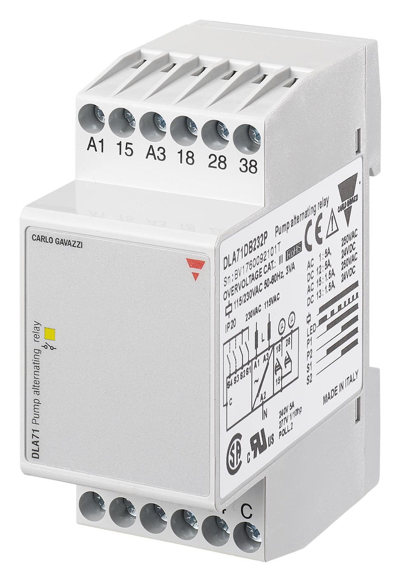 CARLO GAVAZZI DLA71DB232P Power Relay, Pump Alternating, 2 x SPST-NO, 230 VAC, 5 A, DLA71 Series, DIN Rail, Non Latching