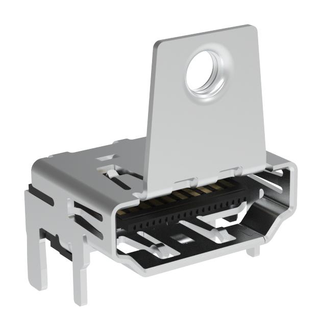 AMPHENOL COMMUNICATIONS SOLUTIONS G45AA1922110B1EU HDMI Connector, w/ Flange Screw Lock, 19 Contacts, Receptacle, PCB Mount, Surface Mount Right Angle