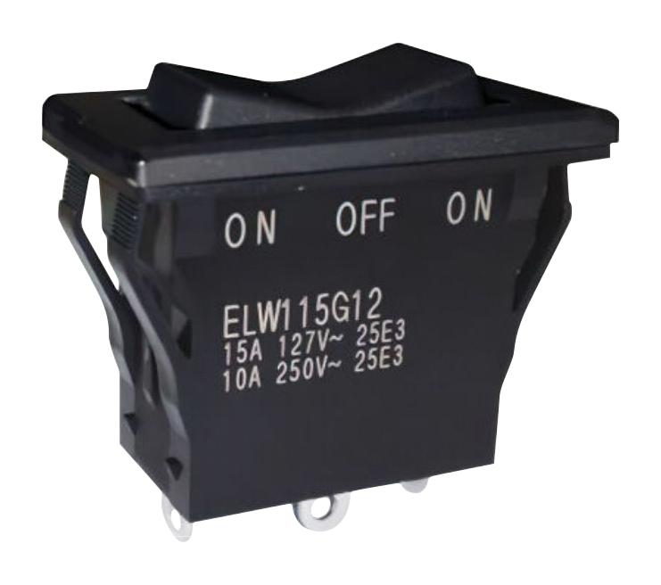 NIDEC COMPONENTS ELW115G12 Rocker Switch, Sealed, (On)-Off-(On), SPDT, Non Illuminated, Panel, Snap-In, Black, ELW Series