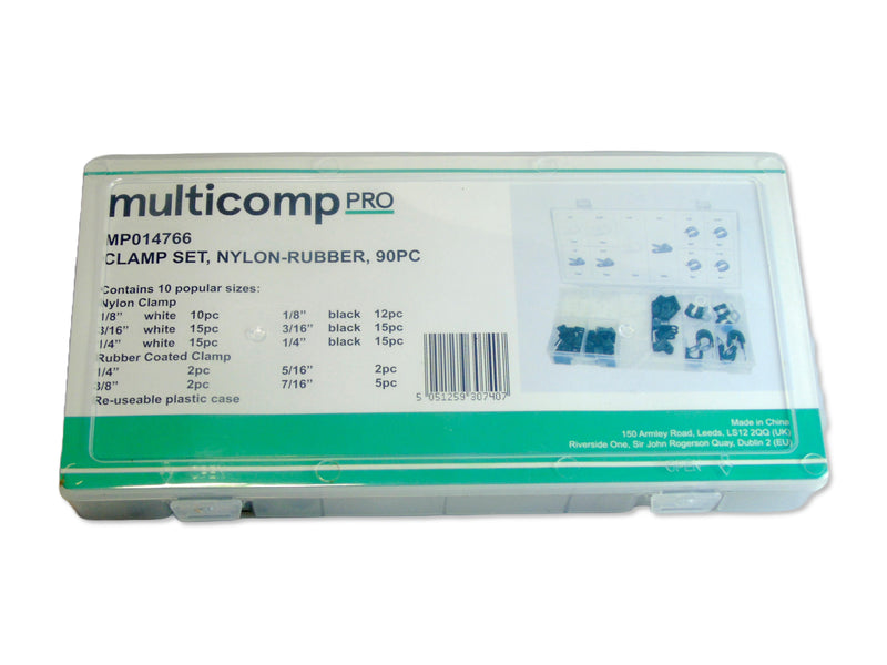 MULTICOMP PRO MP014766 Nylon and Rubber Coated Clamp, 90 Pieces of 1/4", 1/8", 3/16", 3/8", 5/16", 7/16" Clamp Assortment