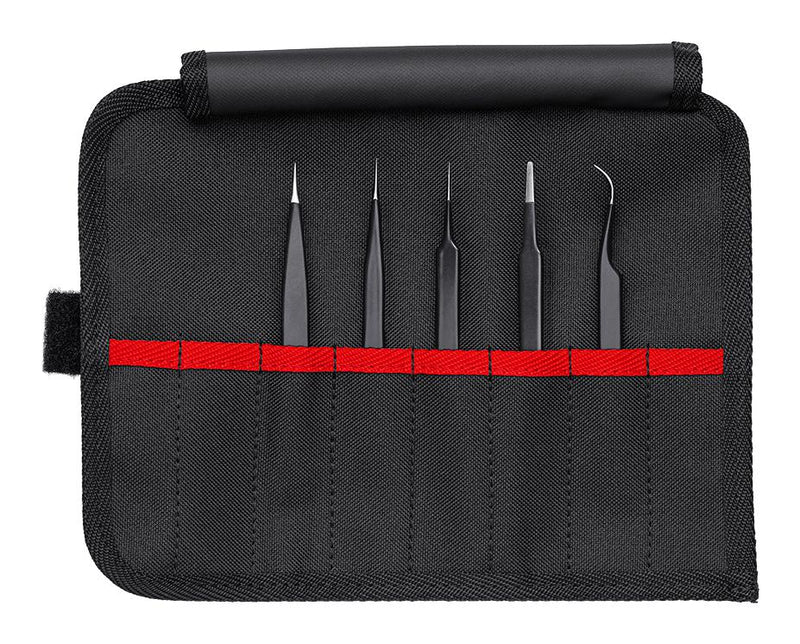 KNIPEX 92 00 01 ESD Tweezer Set, Stainless Steel Body, Universal ESD Tweezers Set, Roll-up Pouch, 5 Pieces
