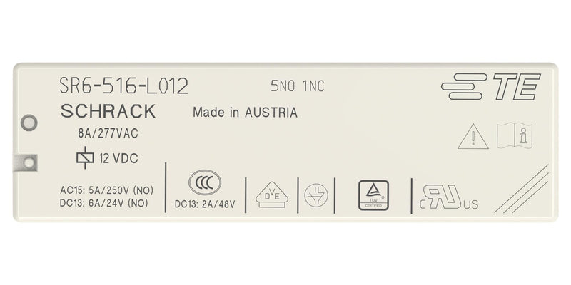SCHRACK - TE CONNECTIVITY 2-1558738-4 Power Relay, 5PST-NO, SPST-NC, 12 VDC, 8 A, SR6 Series, Through Hole, Non Latching
