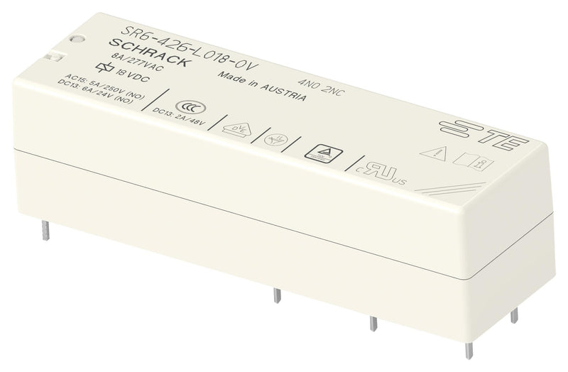 SCHRACK - TE CONNECTIVITY 2-1558739-6 Power Relay, 4PST-NO, DPST-NC, 18 VDC, 8 A, SR6 Series, Through Hole, Non Latching