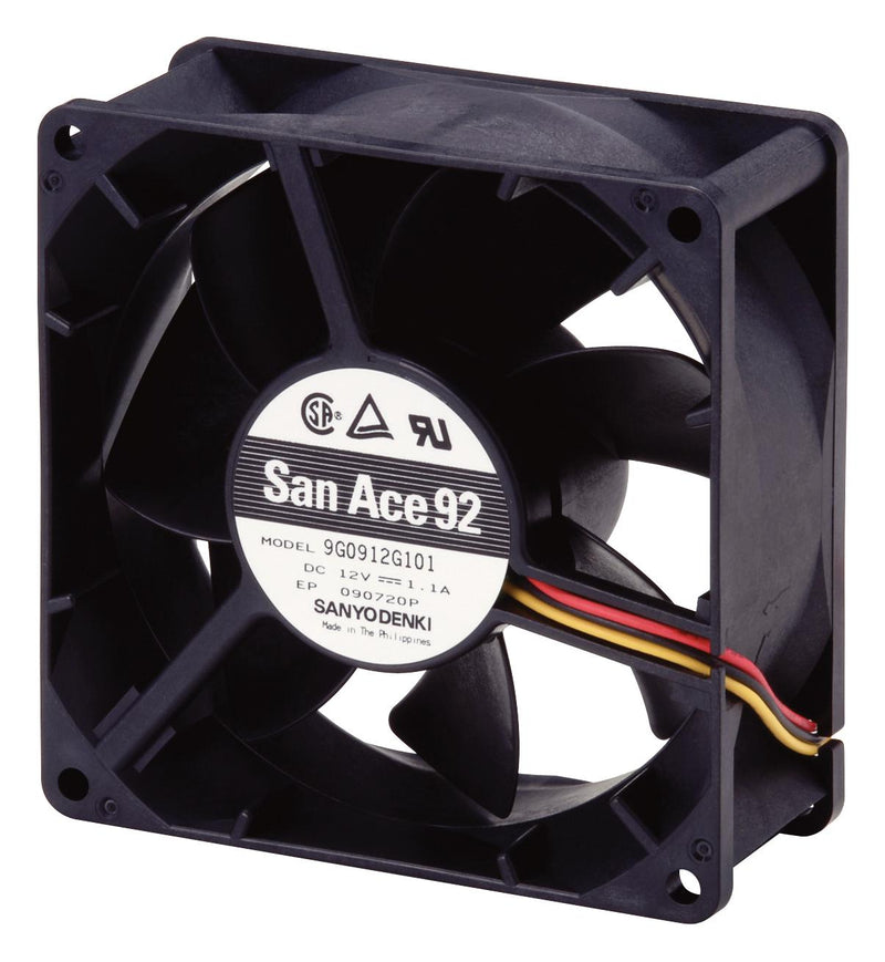 SANYO DENKI 9G0912G1011 DC Axial Fan, 12 V, Square, 92 mm, 38 mm, Ball Bearing, 110 CFM