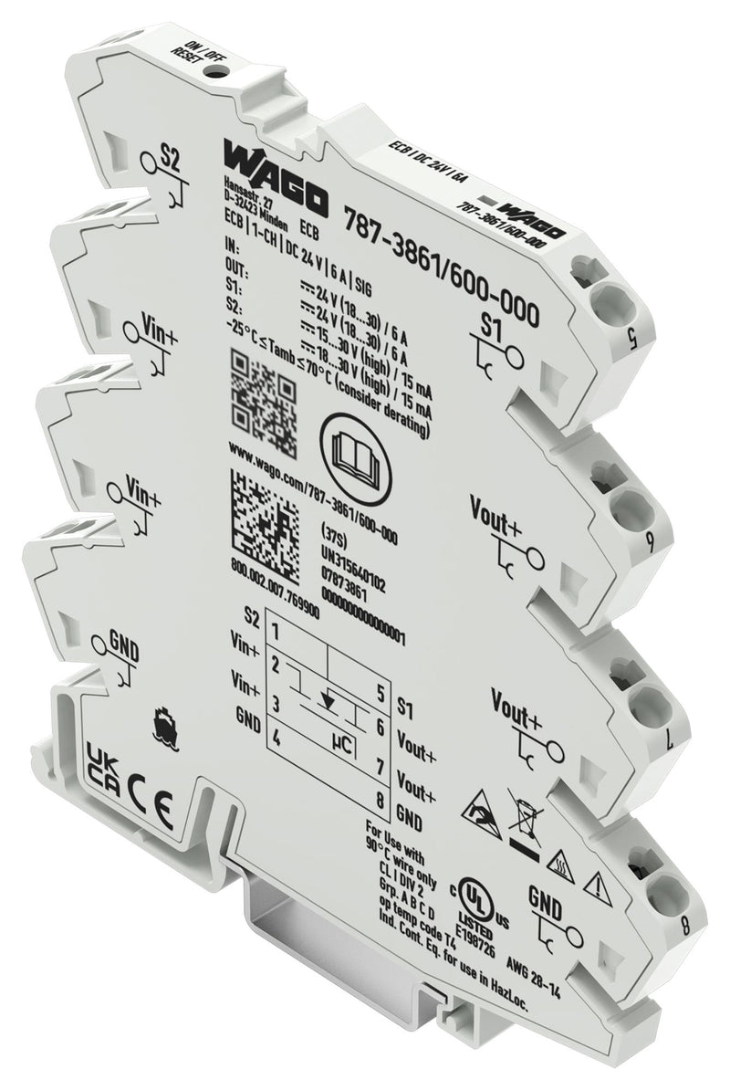 WAGO 787-3861/600-000 Electronic Circuit Breaker, 787 Series, 1 Pole, 24 VDC, DIN Rail, 6 A