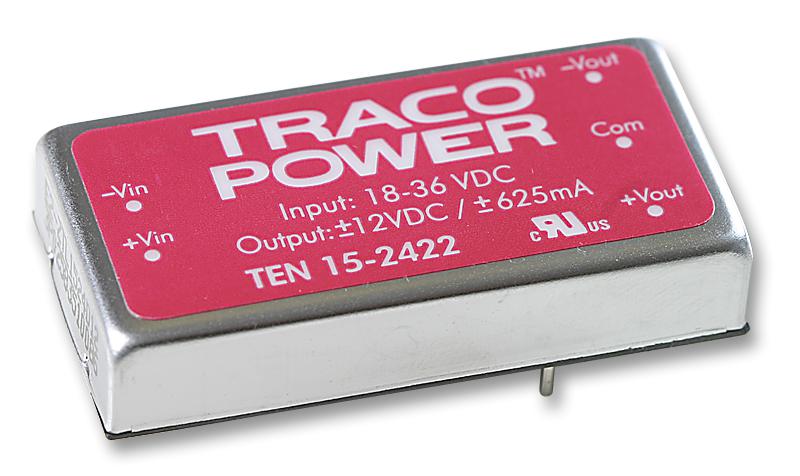 TRACO POWER TEN 15-2422 Isolated Through Hole DC/DC Converter, ITE, DIP, 2:1, 15 W, 2 Output, 12 V