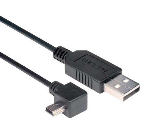 L-COM CAA-90LMB5-5M USB Cable, Type A Plug to 90&deg; Mini Type B Plug, 5 m, 16.4 ft, USB 2.0, Black