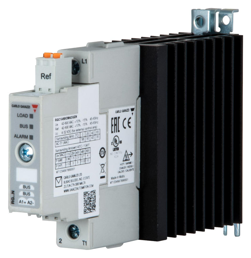 CARLO GAVAZZI RGC1A60CM42GEN Solid State Relay, SPST, 43 A, 660 VAC, DIN Rail, Panel, Box Clamp, Zero Crossing