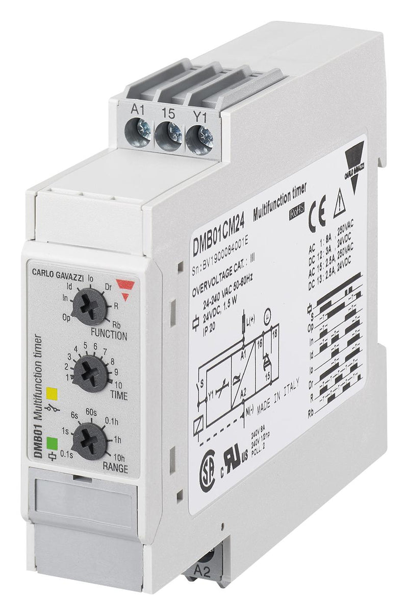 CARLO GAVAZZI DMB01CM24 Analogue Timer, DMB01 Series, Multifunction, 0.1 s, 100 h, 7 Ranges, 1 Changeover Relay