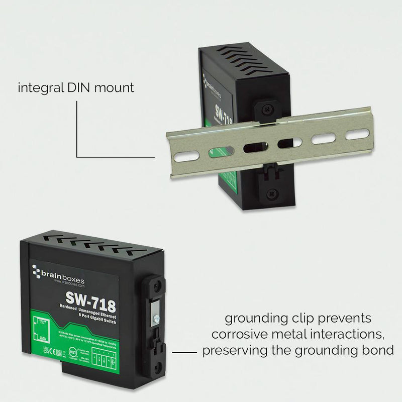BRAINBOXES SW-718 Switch, Hardened, 8 Ports, Industrial, Gigabit Ethernet, DIN Rail, RJ45 x 8, 10Mbps, 100Mbps, 1Gbps GTIN UPC EAN: 0837324005110