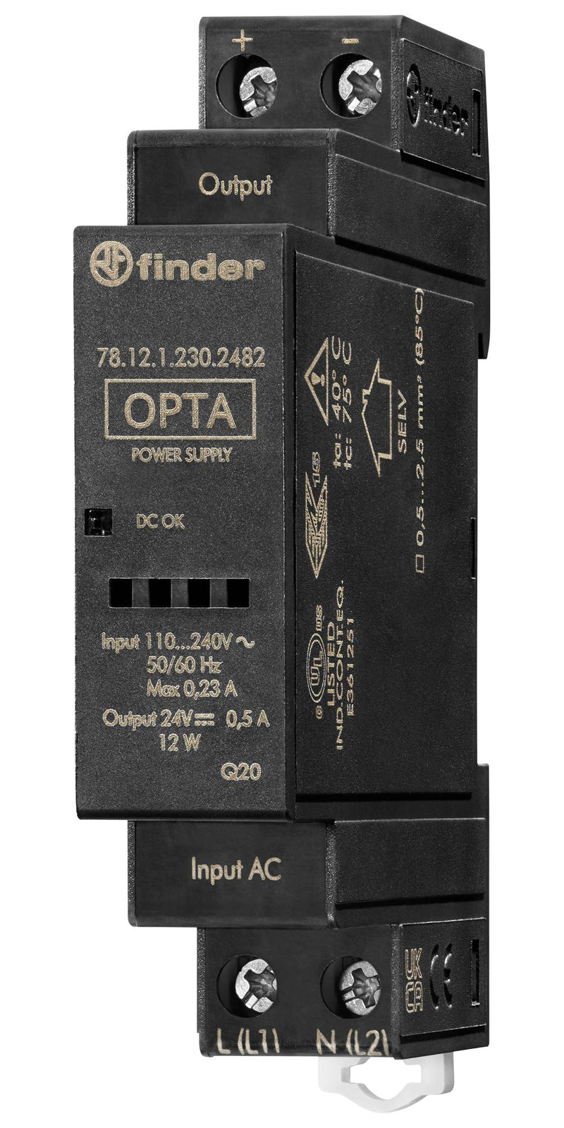 FINDER 78.12.1.230.2482 AC/DC DIN Rail Power Supply (PSU), ITE & Laboratory Equipment, 1 Output, 12 W, 24 V, 500 mA