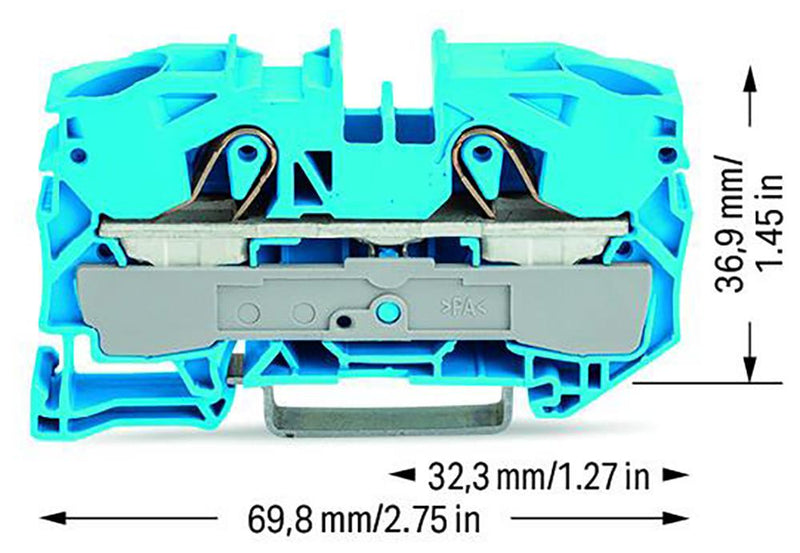 WAGO 2016-1204 DIN Rail Mount Terminal Block, Blue, 2 Ways, 20 AWG, 4 AWG, 16 mm&sup2;, Clamp, 76 A
